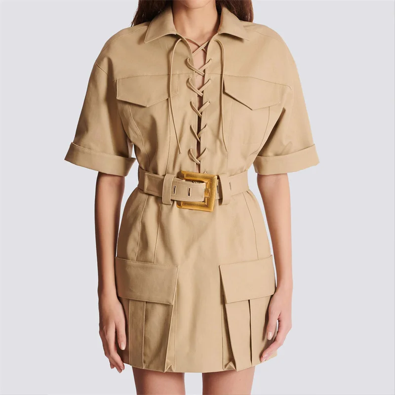 

Women's dress New lace up slim fit short sleeved mini dress for summer 2025 Belt decoration cotton short dresses y2k denim dress