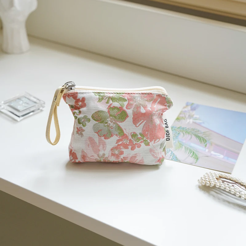 Floral small coin purse portable women\'s makeup bag zipper double layer design lipstick envelope cosmetics key storage bag