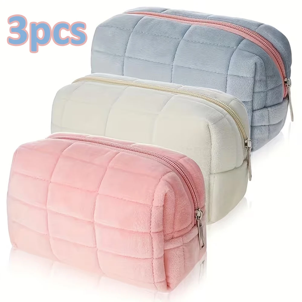 3/4 Piece Set of Plush Makeup Bags, Plaid Makeup Bag, Cosmetic Travel Bag, Large Zippered Travel Toiletry Bag, Portable Multifunctional Capacity Bag, Cute Makeup Brush Storage Bag, Suitable for Women