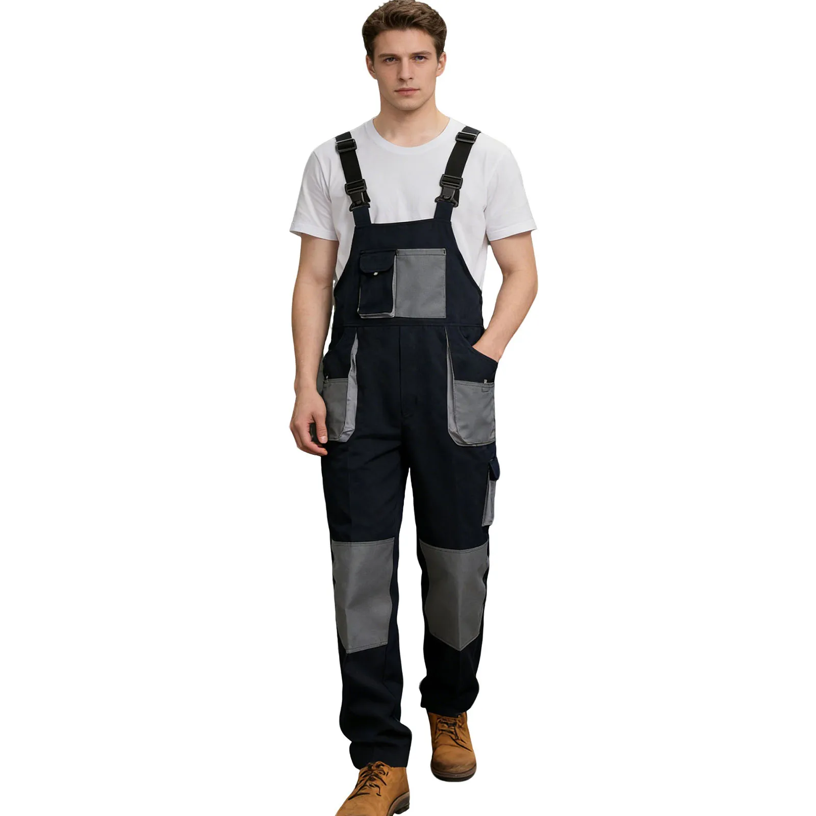 men-wear-resistant-bib-overalls-adjustable-straps-elastic-back-waist-pocket-color-block-daily-working-labor-site-work-uniform