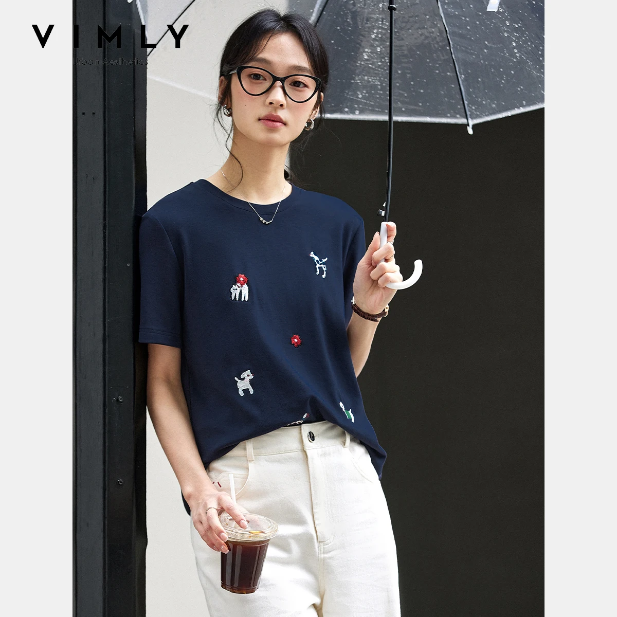 

VIMLY Navy Blue Knitted T-shirt 2025 Summer Women's Casual Animal Funny Embroidery Crew Neck Female Short Sleeved Tops A1175