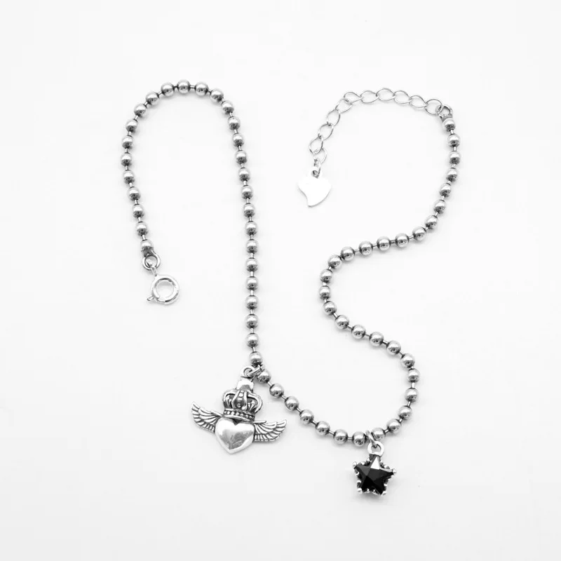 

S925 Silver Retro Bracelet and Foot Chain Universal Korean Edition Simple Girlfriend Couple Love Angel Girl Heart Jewelry Gift