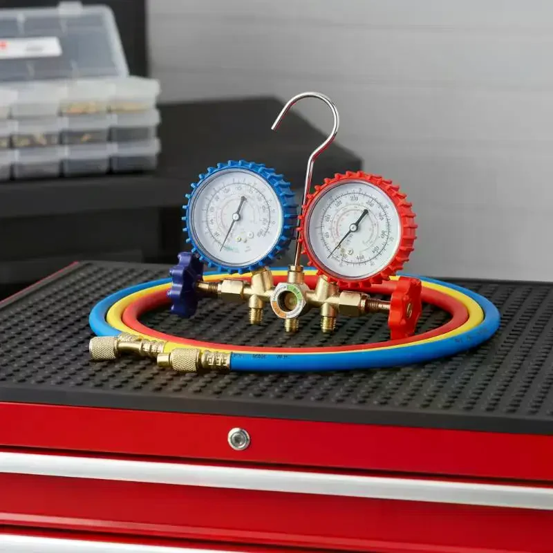 Air Conditioning Pressure Gauge With Hook 3 Way AC: Diagnostic Manifold Gauge Set Freon R12 R22 R404A R134a