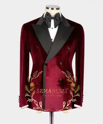 Handsome Prom Blazer For Mens Slim Fit Burgundy Velvet Peaked Lapel Male Wedding Party Jacket Fashion Coat