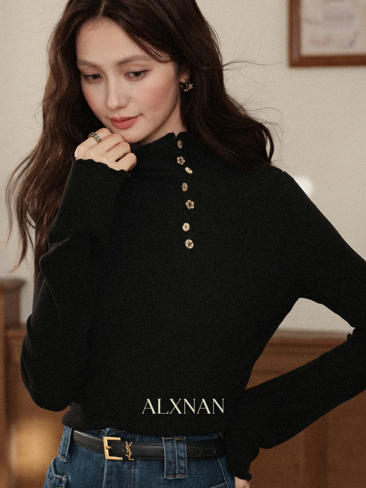 

Черная женская футболка с длинным рукавом, осенне-зимняя, с высоким воротником, для ношения под одеждой, повседневная, облегающая, черная, модель Mianmian Top