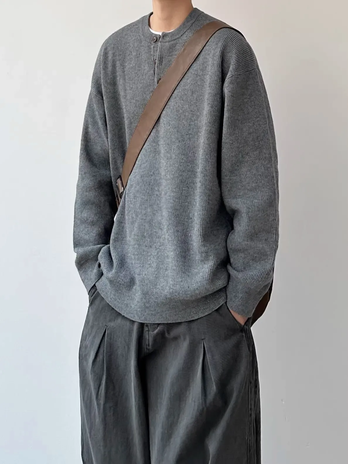 

Joyzone Men's Casual Knitted Sweater Henry Collar Loose Fit ey Base Layer Soft Warm Winter Faion Button up Long Sve