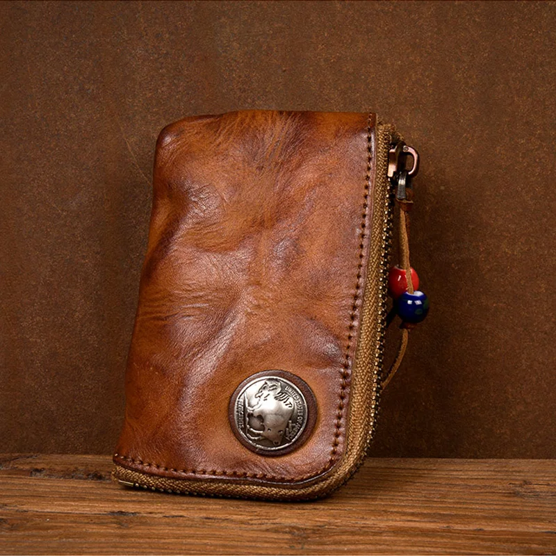 

Genuine Leather Key Pouch Handmade Vegetable Tanned Top Layer Cowhide Car Key Holder Men's Wallet Zipper Closure Color