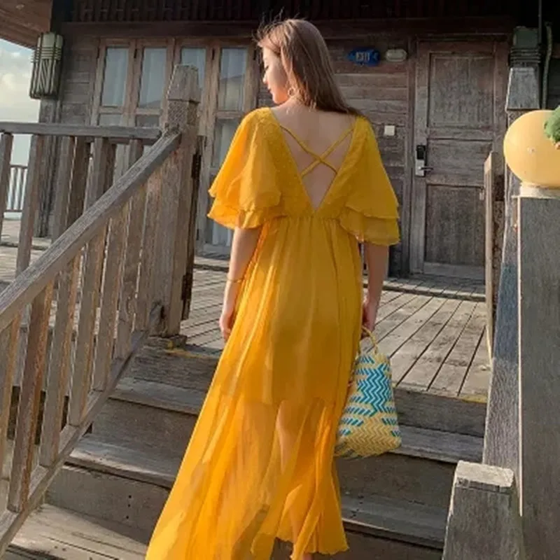 New Fashion Women Summer Elegant Yellow Chiffon Long Dresses 2022 Lady Butterfly Sleeves Backless Beach Dress Vestdios