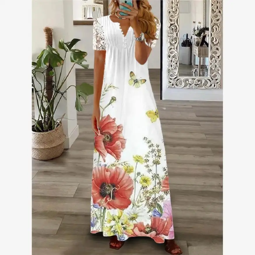Vestido Longo com Mangas em Camadas, Moda Primavera Verão, Nova Chegada para Mulheres, Saia E em A-Line
