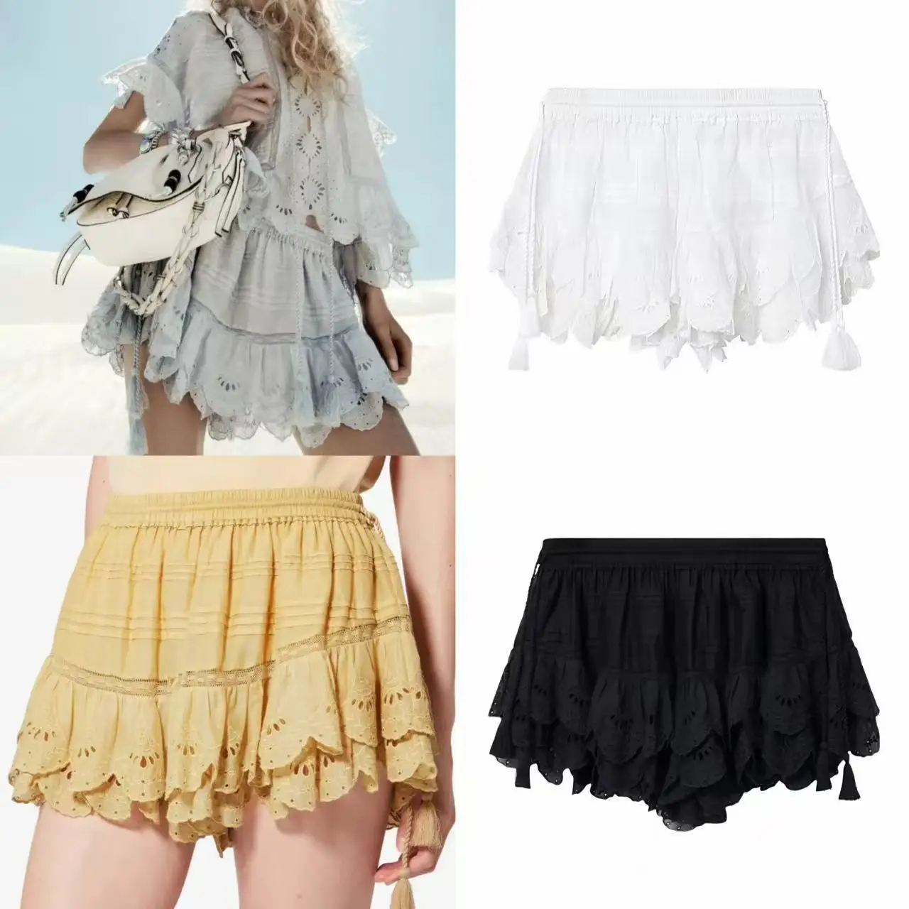 

Французские однотонные шорты-юбка с эластичным поясом, кисточками и кружевом, хлопковые повседневные брюки для женщин, для путешествий