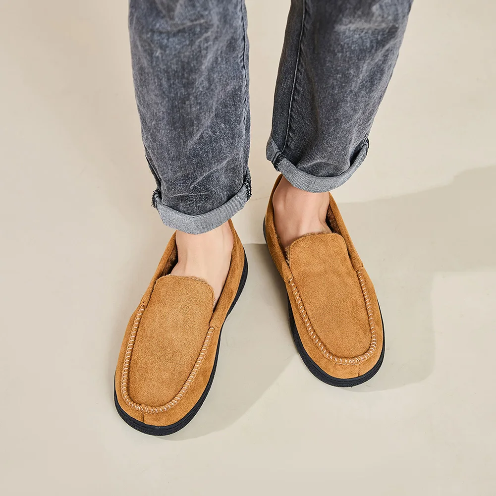 Men's Moccasin Slippers Fluffy Warm House Slippers Closed Back Bedroom Slippers Non-Slip Indoor Outdoor Slippers