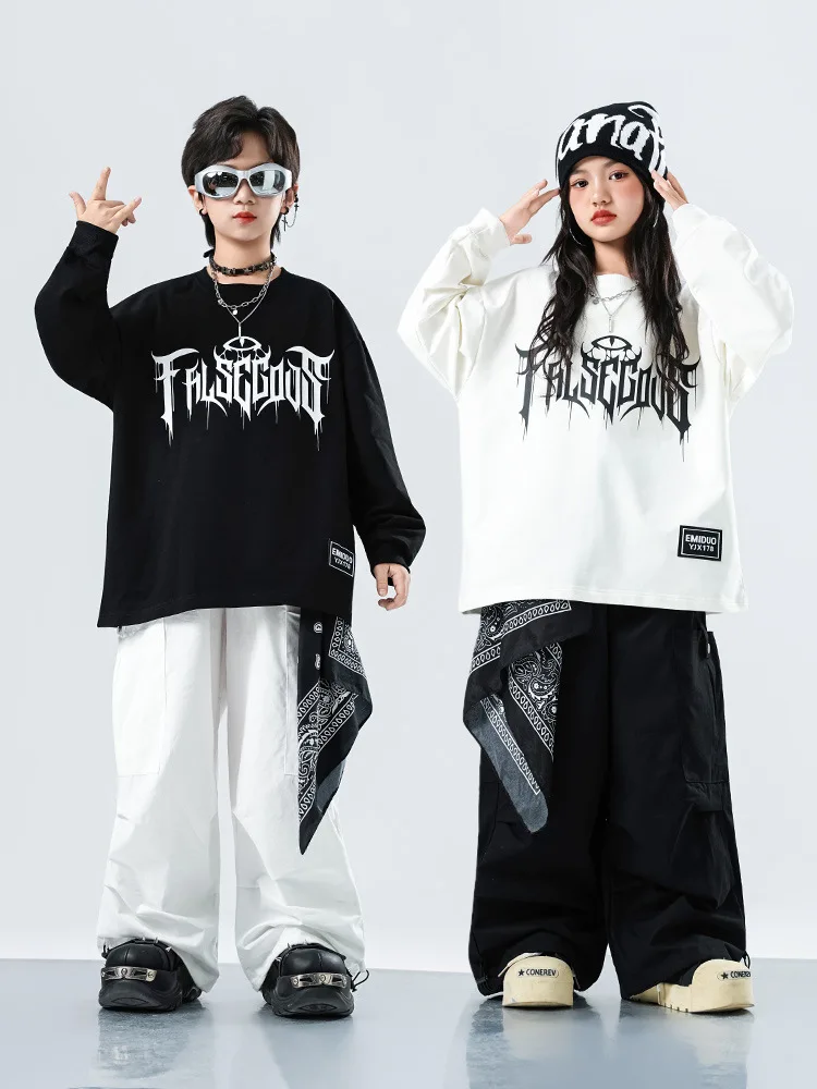 キッズK-POPヒップホップ服、黒白レタースウェットシャツトップス、カジュアルパラシュートカーゴパンツ、女の子男の子ダンスウェアコスチューム服