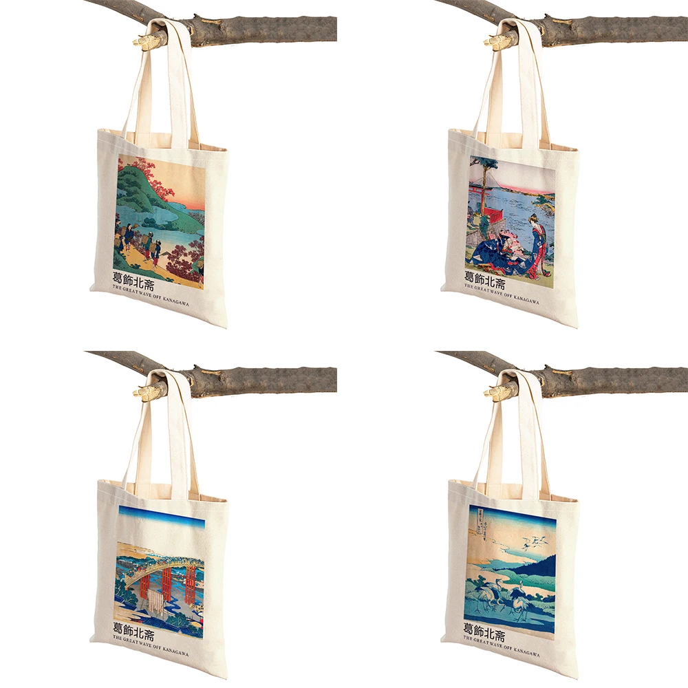 Vintage Tote Shopper Bag Abstract Japan Artist Hokusai Mount Fuji Women Shopping Bags Double Print Casual Lady Linen Handbag