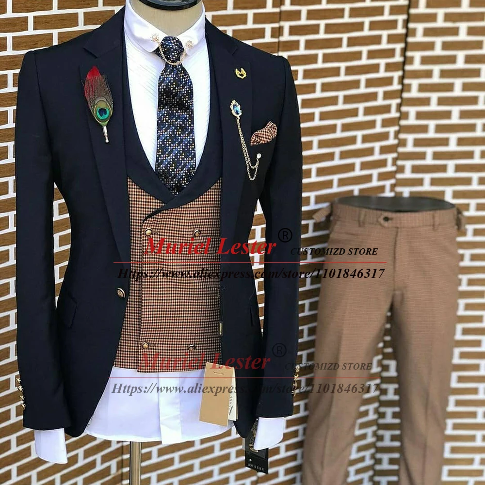 

Business Suits Men Slim Fit 3 Pieces Set (Navy Blue Jacket+Plaid Check Vest+Pants) Tailored Made Male Fashion Groomsman Tuxedos