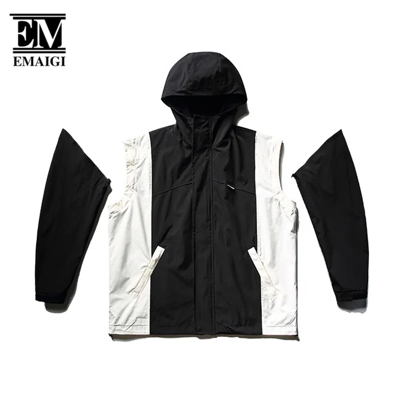 Men Autumn Cityboy Streetwear Fashion Splice Detachable Sleeve Loose Casual Outdoor Hooded Jacket Male Vest Coat Outerwear