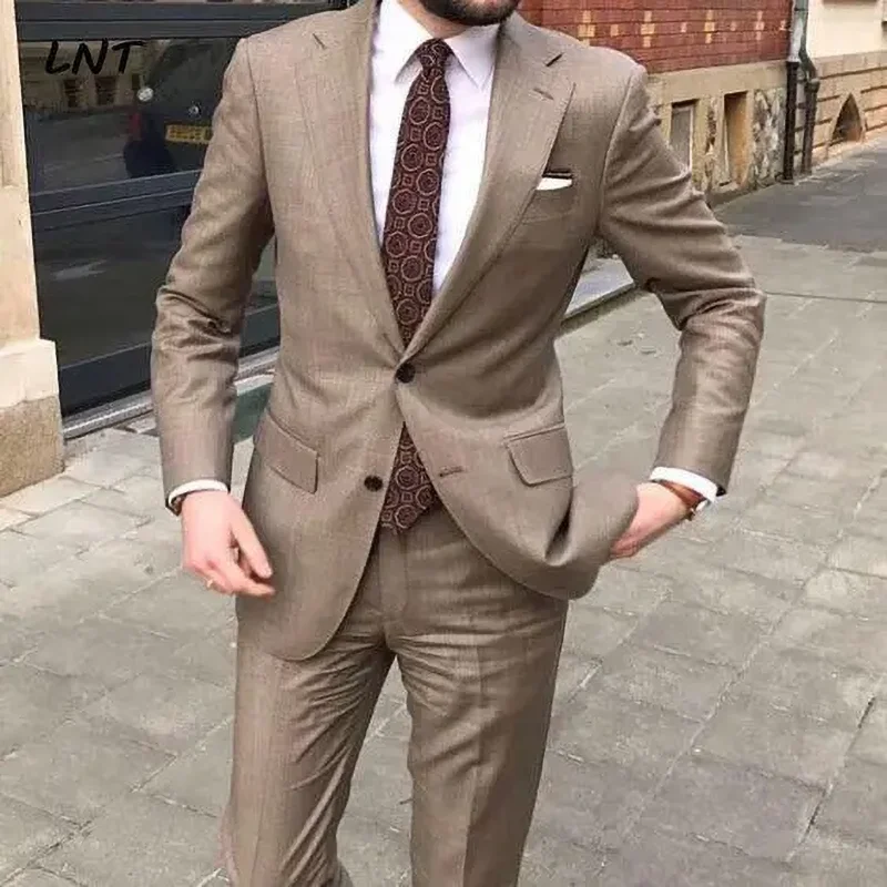 Elegant Khaki Men Suits Two Piece Summer Fashion Notch Lapel Single Breasted Outfits Chic Business Causal Wedding Tuxedo