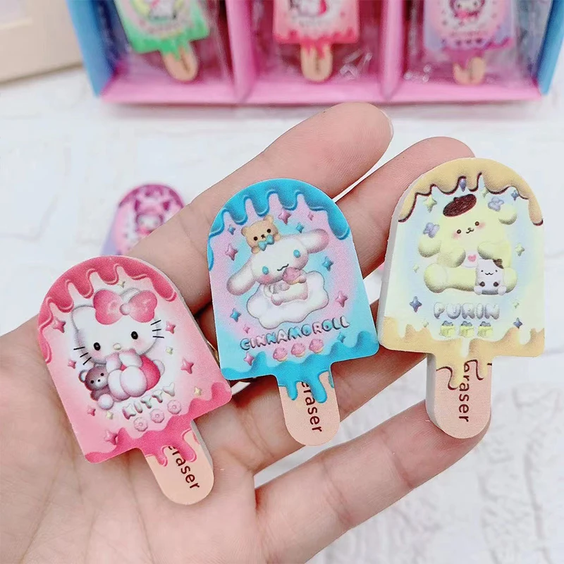 Imagem -04 - Sanrio Kawaii Lápis Eraser Estudante Papelaria Lápis Bonito Eraser Kuromi Melodia Cinnamonroll Stereo Ice Cream Atacado 30 Pcs