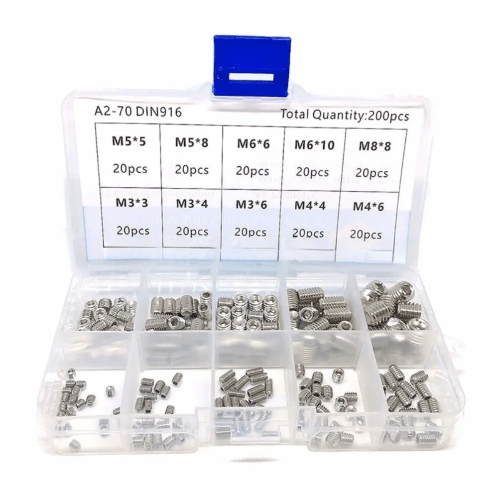 200pcs Practical 304 Stainless Steel Hex Grub Screws Kits Multi Size Grub Screws Hex Drive Screws Home Repair