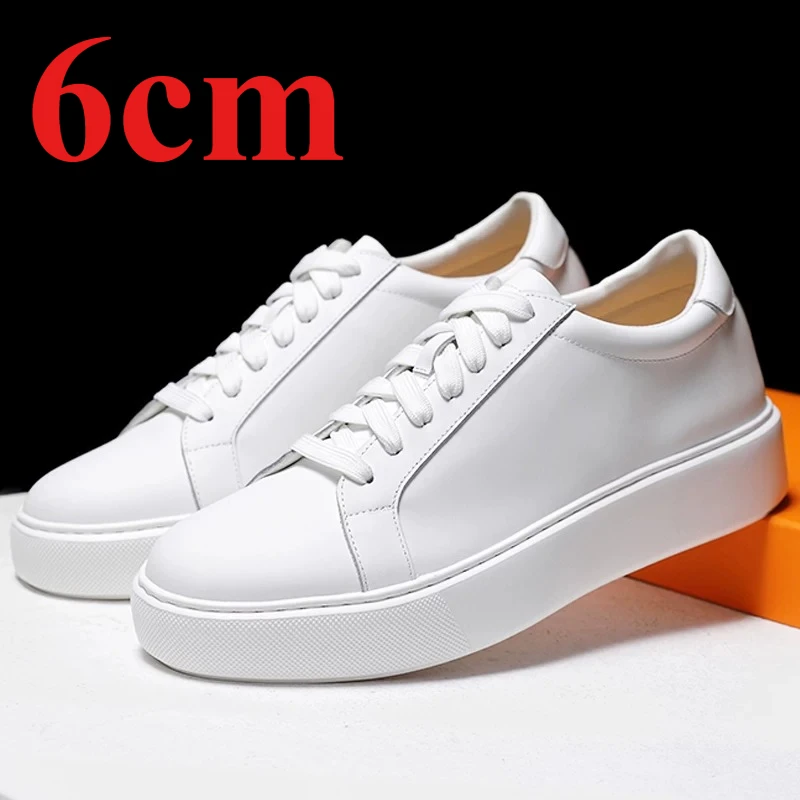 Men's Genuine Leather Comfortable Lightweight Business Elevator Shoes England Height-increasing 8cm White Casual Board Shoes for