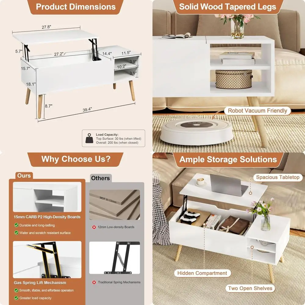 

Solid Wood Lift-Top Coffee Table with Storage and Shelves, 40 for Living Room