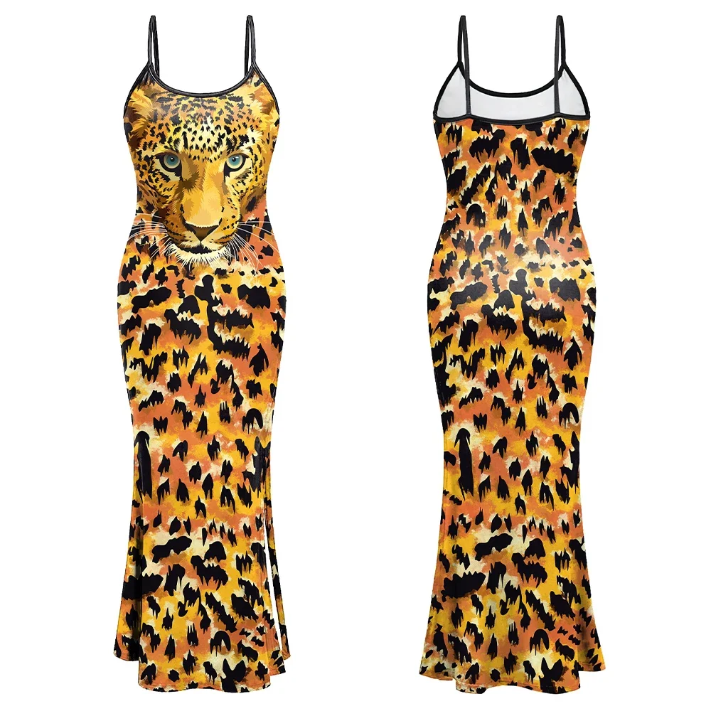 Teanoon Tiger Spaghetti Strap Dresses Women Split Hem Slip Dress Ladies Sexy Party Costume Holiday Streetwear Girls Clothing