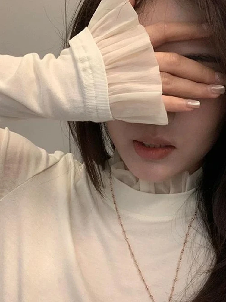 슬림핏 또는 롱 티셔츠 여성용 가을 겨울 하이 칼라 기본 티셔츠 출퇴근용 슬림핏 얇은 폴리에스터 섬유