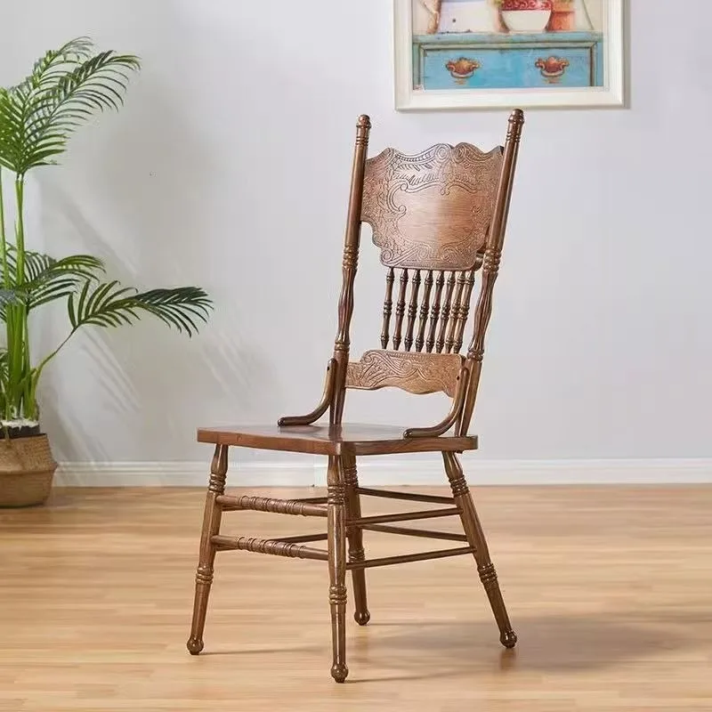 American French simple solid wood dining chair, retro style home wedding home leisure living room carved chair