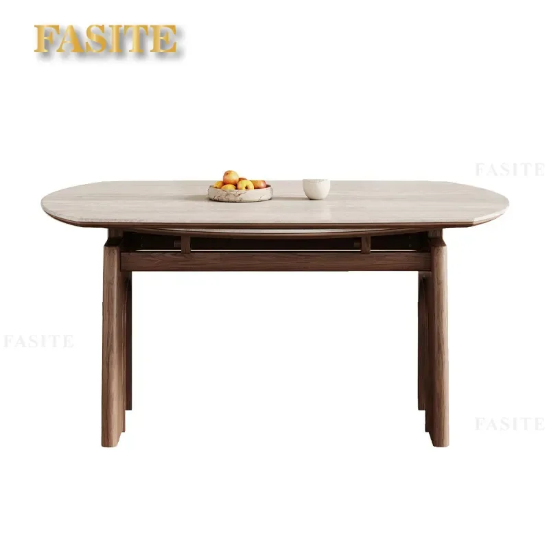 For Small Apartment Medieval Folding Solid Wood Dining Table and Chair Set with Rock Slab Top American French Style