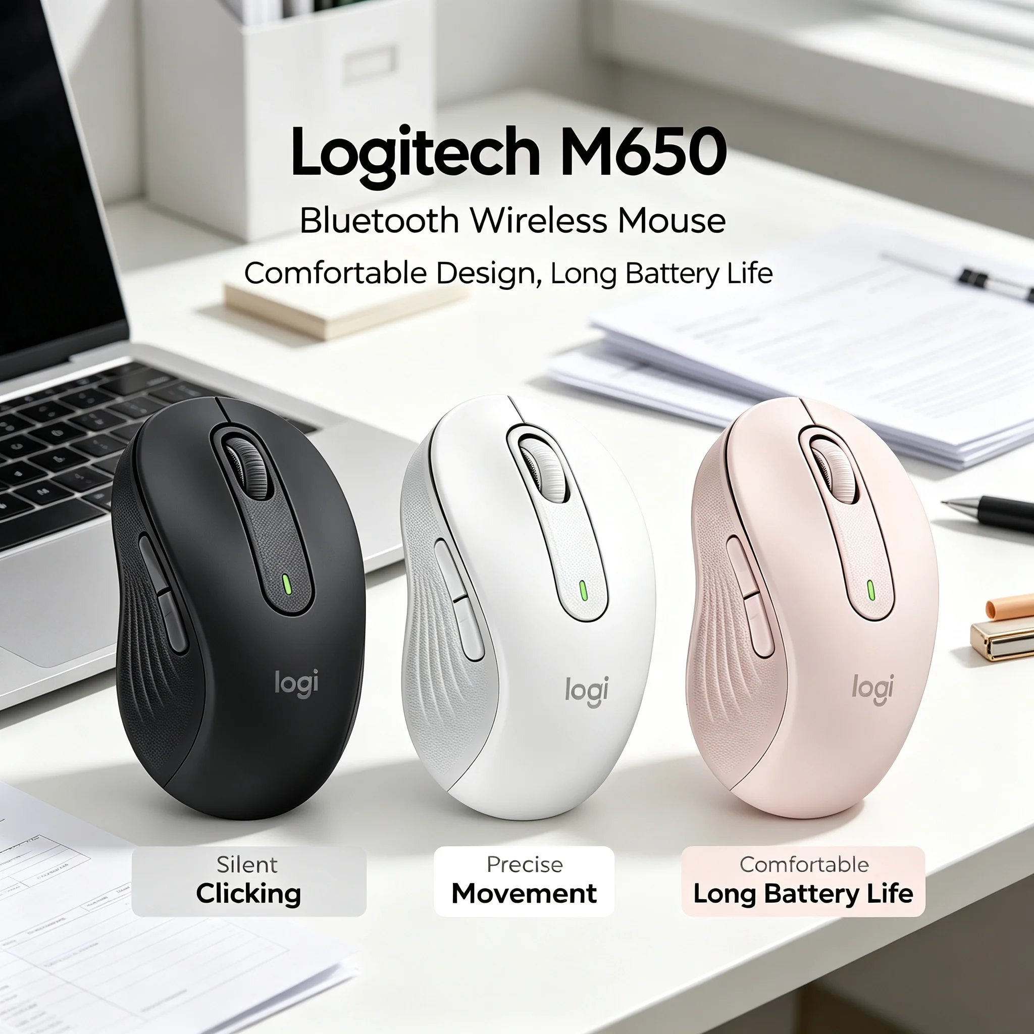 Logitech M650 Wireless Ergonomic Bluetooth Mouse Silent Clicks Multi-device Connection For Office Home Notebook