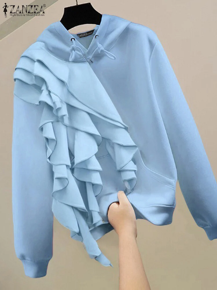 Women Ruffled Edge Sweatshirts 2024 ZANZEA Autumn Solid Pullovers Simple Hooded Collar Jumper Korean Style Long Sleeve Hoodies