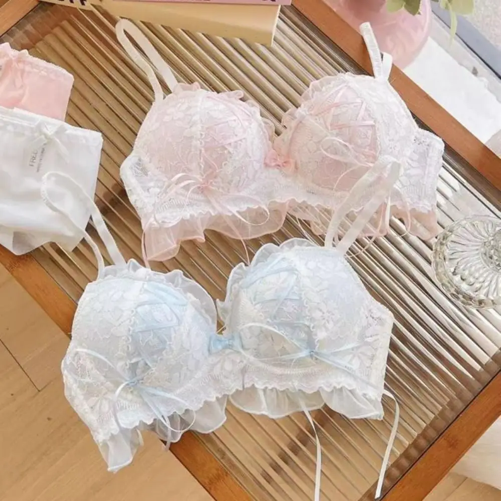 Sujetador con escote en V profundo sin aros con lazo, ropa interior dulce de Lolita con flores de malla para mujer, sujetador de realce de encaje antiflacidez a prueba de golpes para niñas