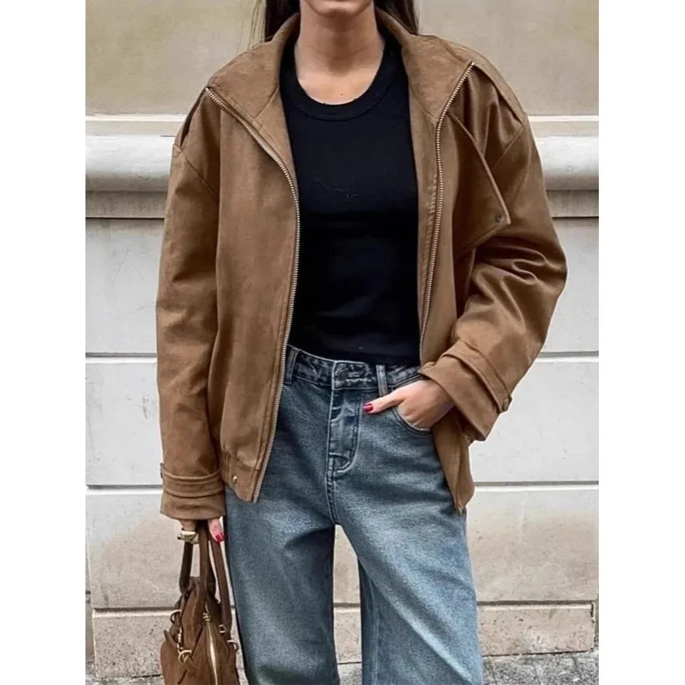 

Women's Brown Suede Bomber Jaet Zipper Flip Collar Thin Loose Cleanfit Sle Winter Faion Ladies irt Polypropylene Mate...