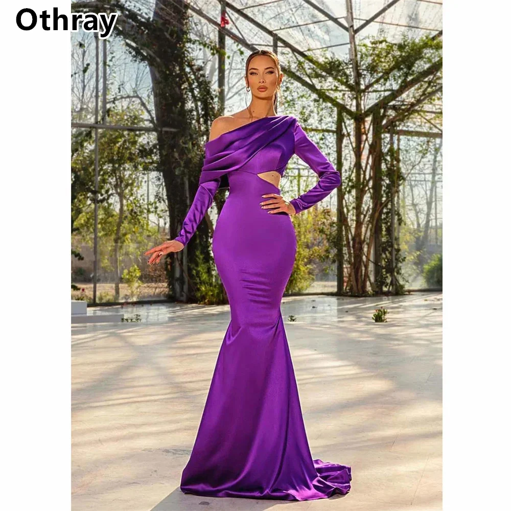 Otrray-Vestidos De Noche morados con pliegues De satén, vestido De graduación De manga larga con un hombro descubierto, vestidos formales con lados recortados