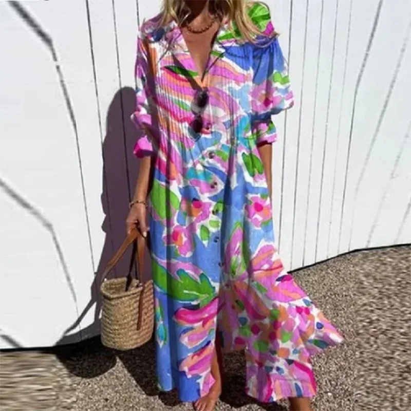 2024 Retro Pattern Printed Loose Vacation Dress New Women\'s V-neck Single Breasted Shirt Dress Casual Loose Bohemian Long Dress