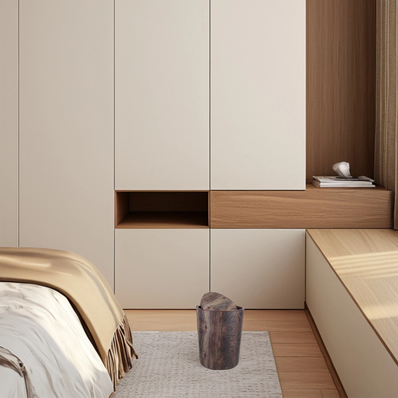 

1 шт., мусорное ведро с деревянной крышкой в стиле ретро для кухни, ванной комнаты, офиса, спальни, большой емкости, маленькое покрытое мусорное ведро для дома