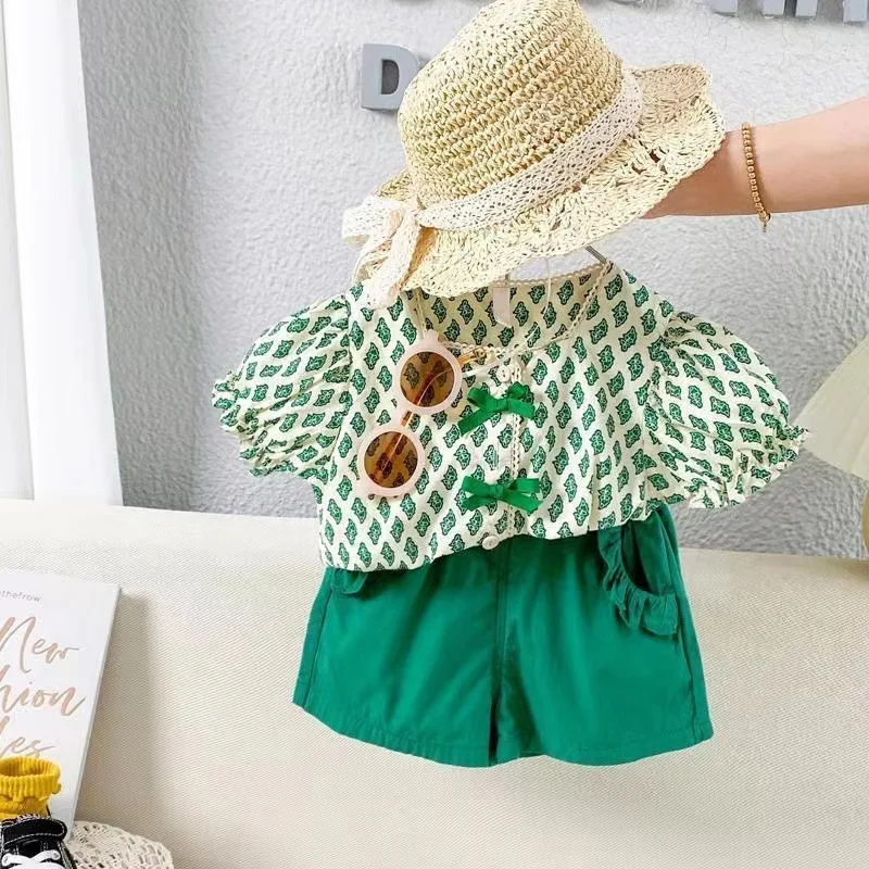 

Женский комплект из 2 предметов, модные детские корейские топы с короткими рукавами в горошек и аппликацией в виде банта + однотонные повседневные шорты