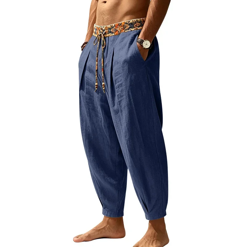Herren 95% Leinen Haremshose Boho Blumenmuster Kordelzug Taille Lässige Weite Hose Strand Urlaub Knöchellange Hose – Detail 3