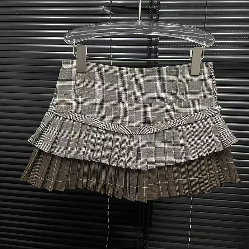Trendy Retro Patchwork Plaid Short Skirts for Women Fashion Wrap Hip Pleated Skirt Female Spring New Items