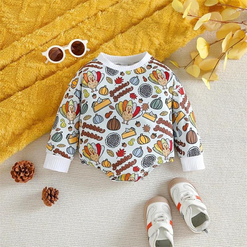 

Thanksgiving Baby Romper Jumpsuit with Turkey and Pumpkin Print Crew Neck Long Sleeve Toddler Bodysuit for Girls and Boys