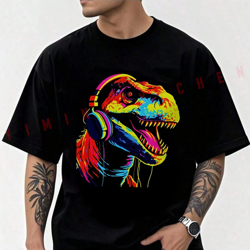 

Colorful Dinosaur Print Motorcycle Men's Fashion T-shirt Moto Cotton Casual Summer Comfortable Short Sleeve Tops