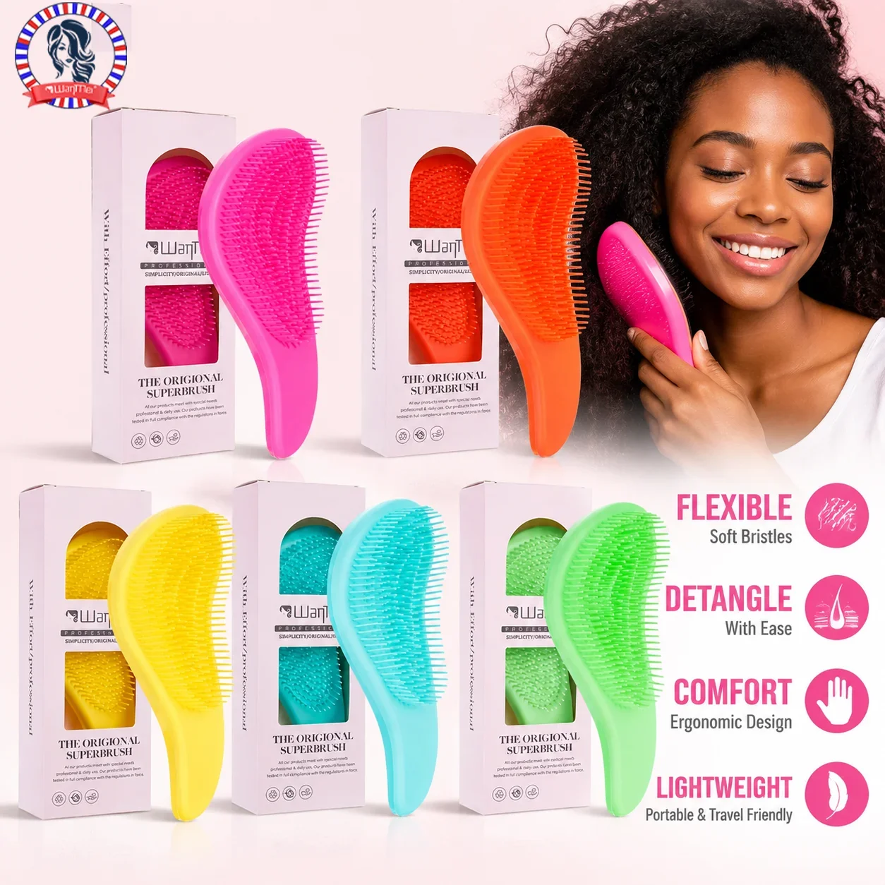 WANMEI Magic Anti-Tangle Hair Brush Lightweight Ergonomic Handle Anti Static Detangling Comb With Gift Box All Hair Types