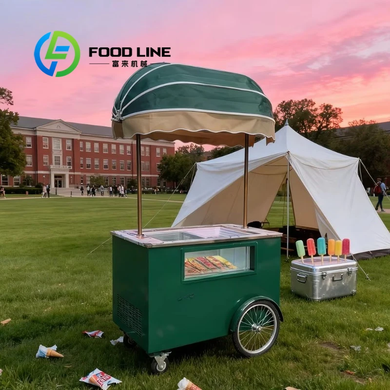 

Customized 2026 Outdoor Mobile Ice Cream Tricycle Cart Fiberglass Freezer Candy Chips Display Hand Push