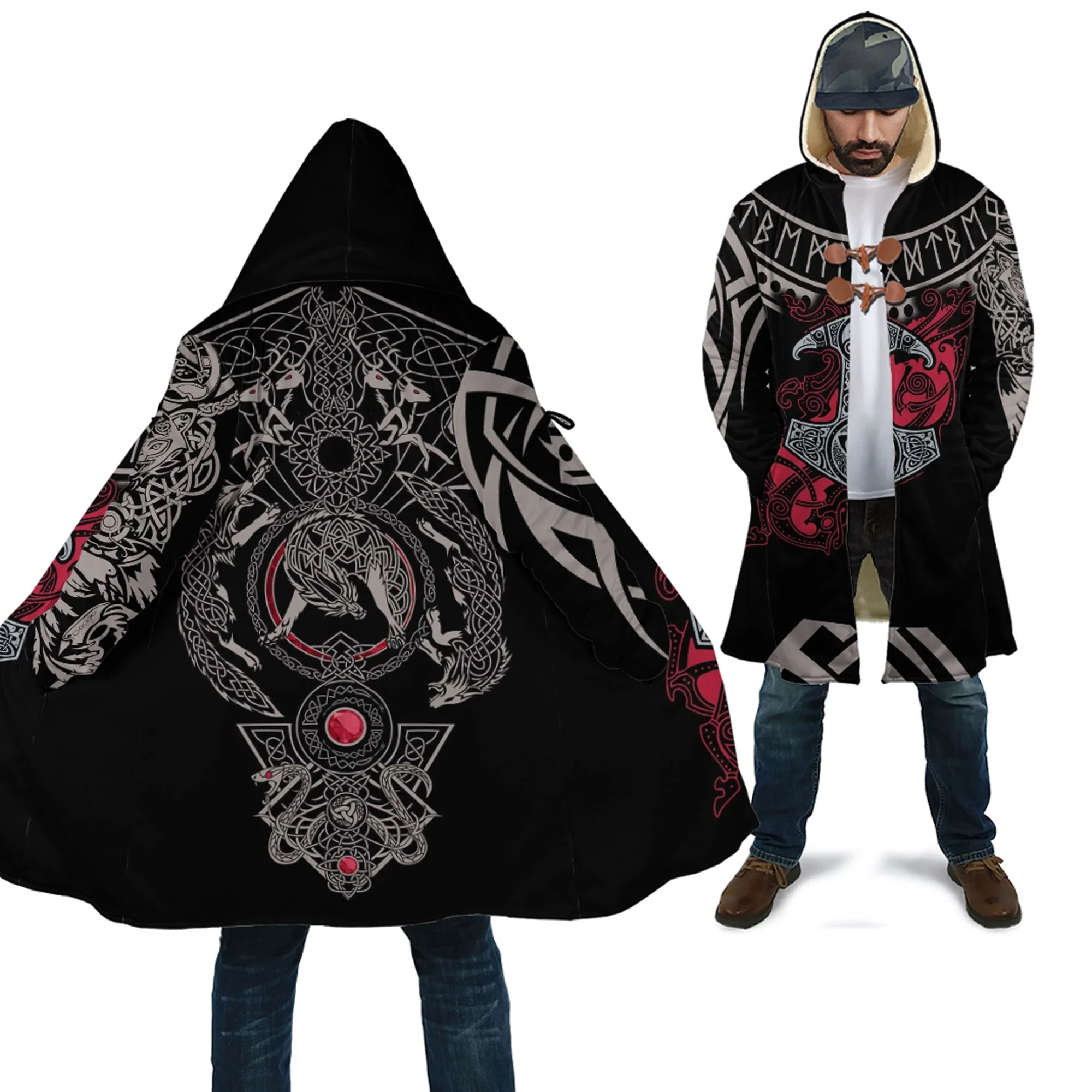 Mjolnir and Fenrir Tattoo 3D All Over Printed Men's Fleece Hooded Cloak Winter Unisex Casual Thick Warm Cloak Coats PF119