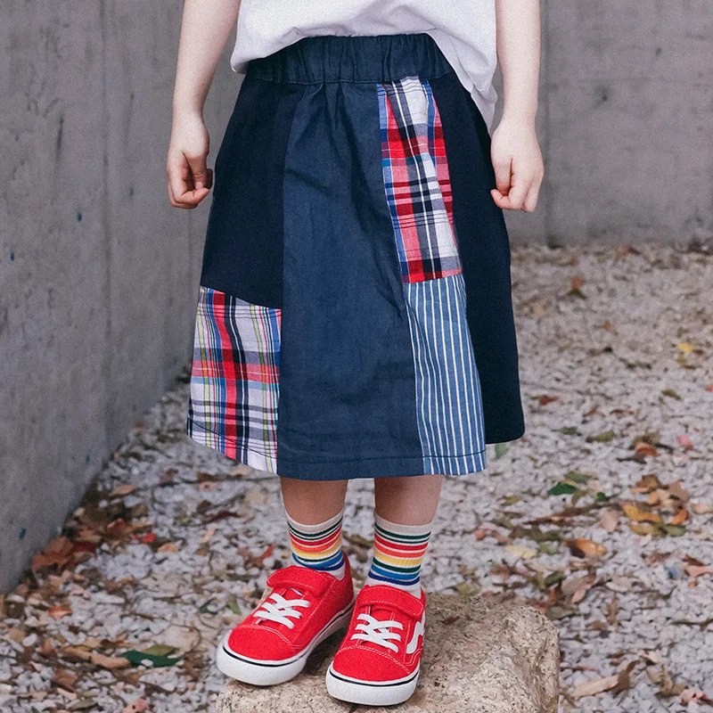 

2025 Summer New Children's Checkered Splicing Design Elastic Waist Western Style Half Skirt