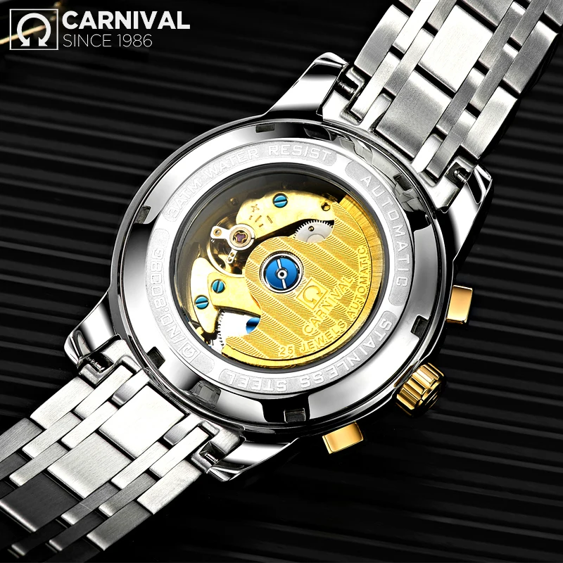 Carnival Brand Multifunction Moon Phase Mechanical Watch for Men Stainless Steel Waterproof Calendar Week Automatic Watches Mens