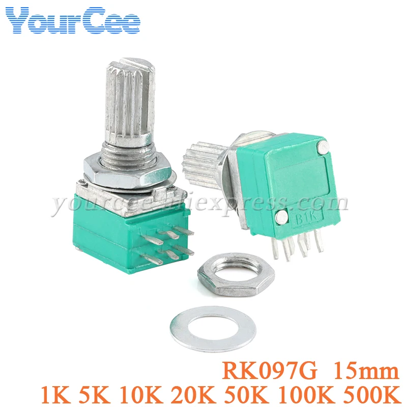 5pcs RK097G 15mm Lenth Double Audio Sound Amplifier Seal Potentiometer B1K B5K B10K B20K B50K B100K B500K 6Pin