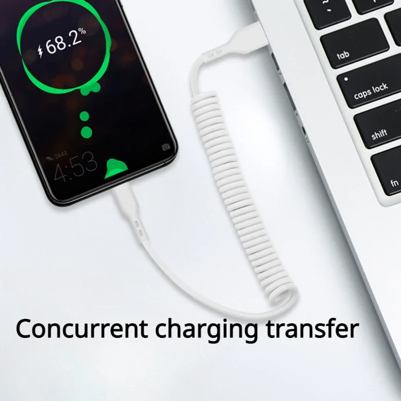 66W 5A USB Type C Data Cable Micro USB Spring Pull Telescopic Fast Charging Cable For Android Phone Accessories Car Cable 1m1.5m