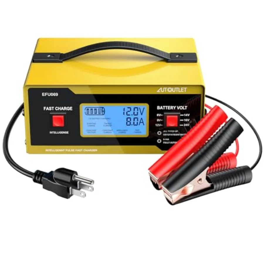 Upgraded 6/8/12/14/16/24V Battery Charger Automotive Smart Car Battery Charger and Trickle Maintainer 0-14A Fully Automatic wit