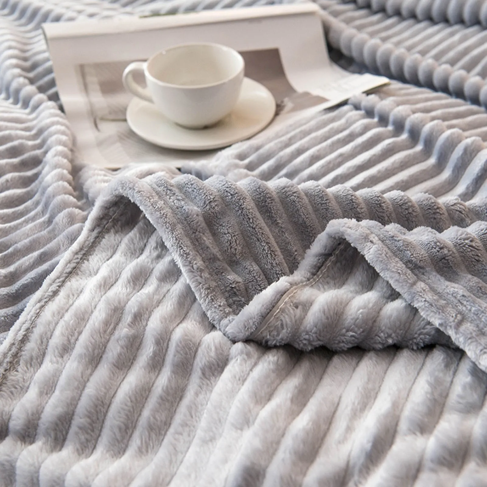 Solid color thickened wide striped multifunctional blanket, can be used as bed sheet cover blanket, nap blanket, pet blanket