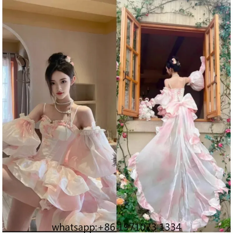Lolita Sweet Cute Flower Embroidery Trailing Princess Dress Women Elegant Bow Tube Top Skirt High Waist Birthday Ball Gown Dress